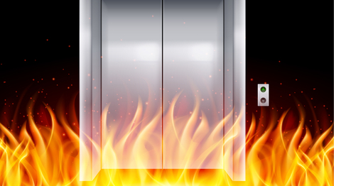 picture of flames outside closed lift doors to illustrate Elmelin's fire control solutions