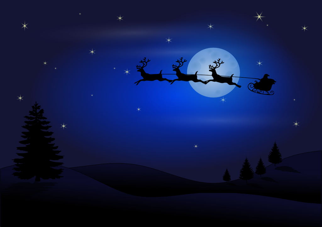 starry night with santa riding his sleigh with reindeer for blog by Elmelin's Christmas message